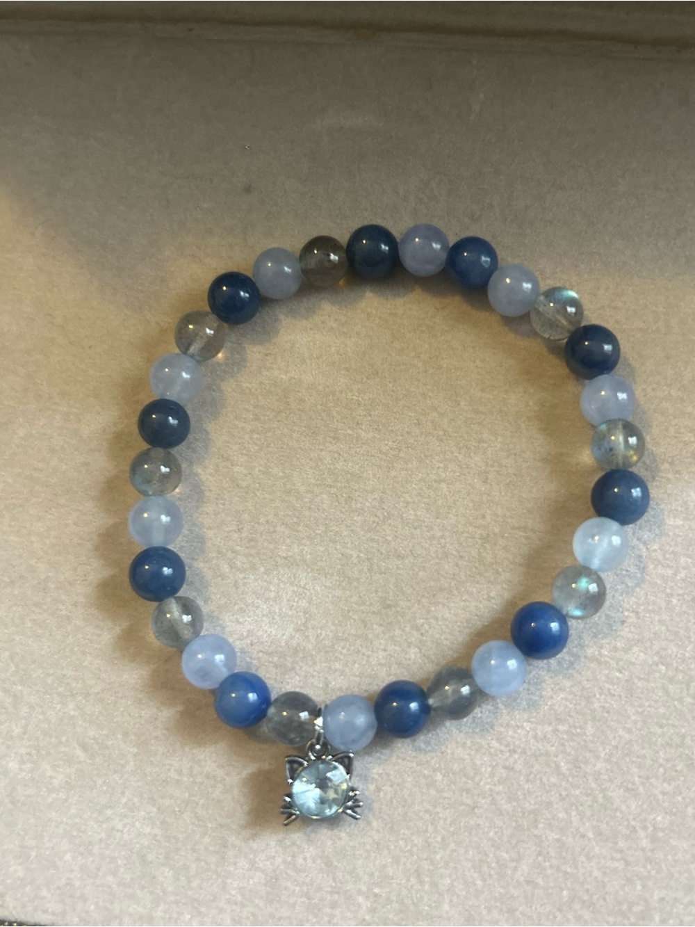 Blue Crystal Beaded Bracelet with Cat Charm - Handmade